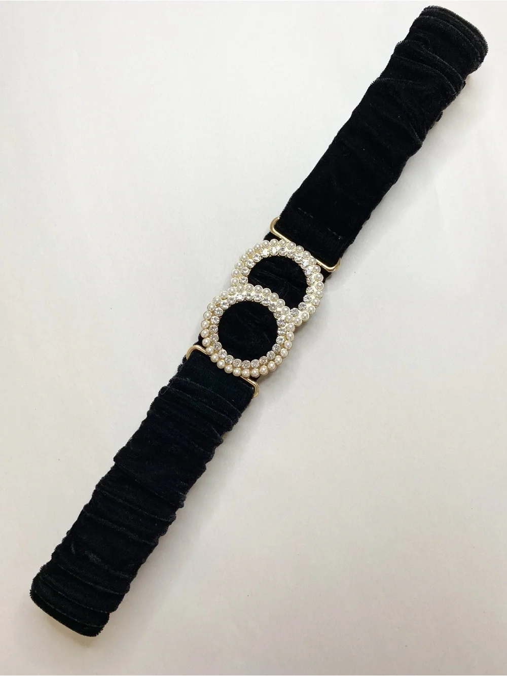 INC Black Velvet Stretch Waist Belt Gold Rhinestone Faux Pearl Buckle 30”- 41”